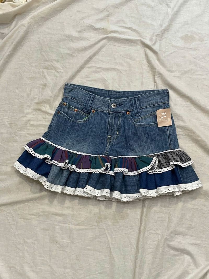 Chân váy jean patchwork bèo ren nhiều màu xanh tím đỏ đô